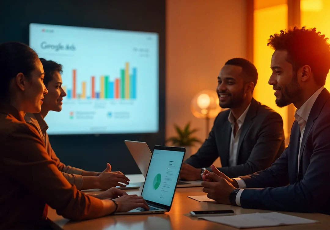 Four colleagues around a table in a warm-lit room, a wall screen headed Google Ads showing a coloured bar chart behind them