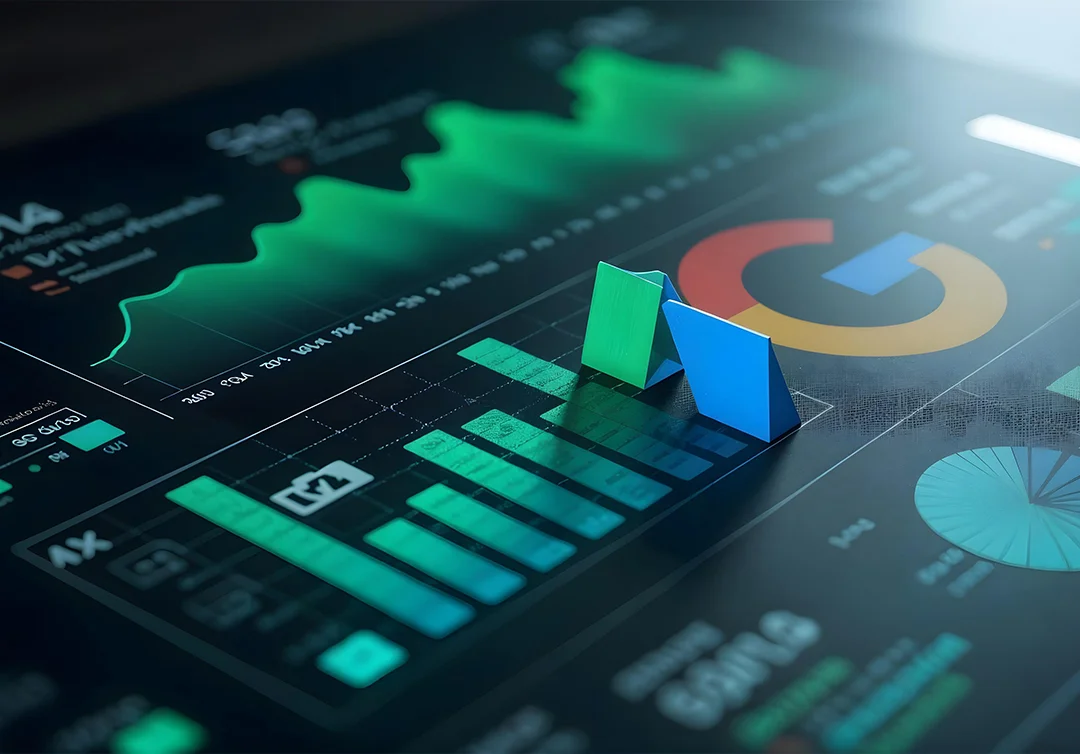A dark tilted analytics board of green charts, with a raised green-and-blue chevron and a multicoloured Google G at top right