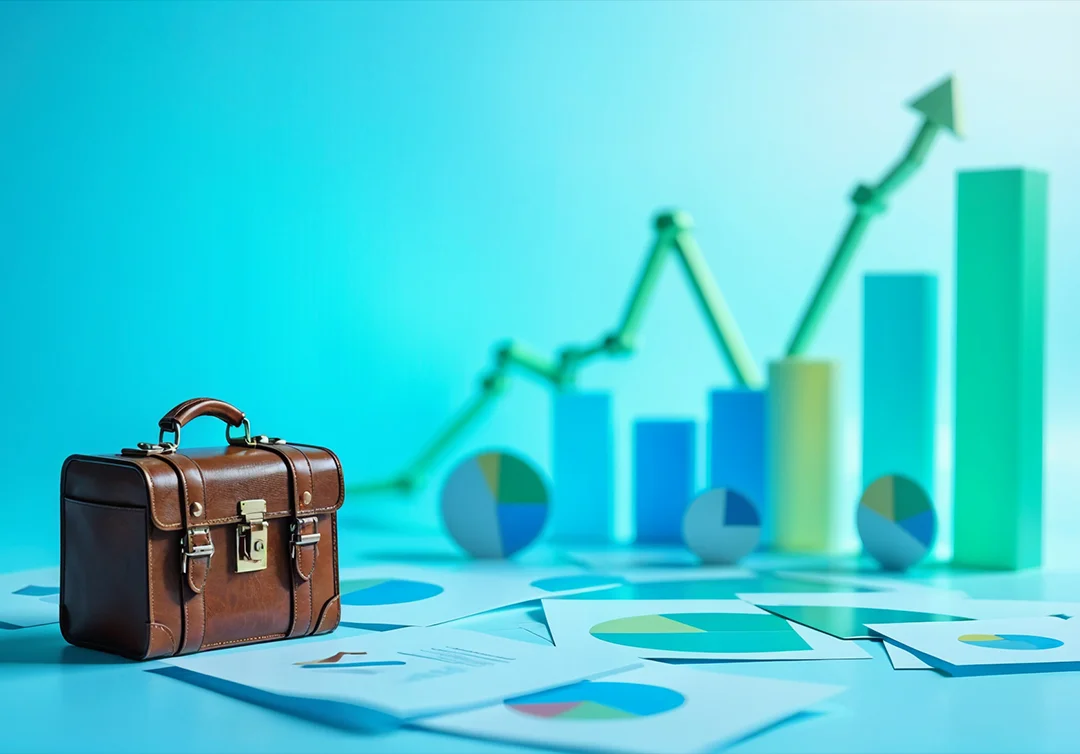 A brown leather briefcase on a pale blue surface strewn with printed pie charts, with green and blue bars and a rising arrow behind
