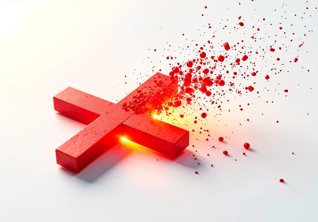 A solid red cross on a white ground, its right arm breaking apart into a scatter of red particles above a warm orange glow