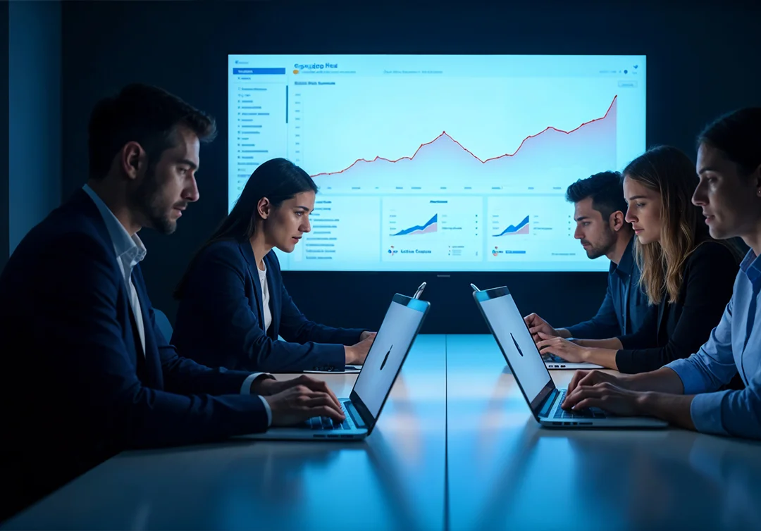 People with laptops at a long table in a dark room, facing a wall screen showing a rising red line chart over two blue chart panels