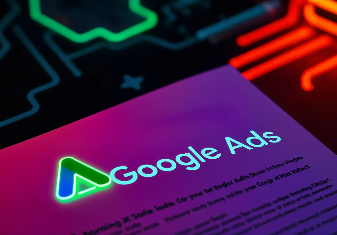 A printed page with a magenta-to-blue Google Ads header lying on a dark circuit board lit by green and red neon traces