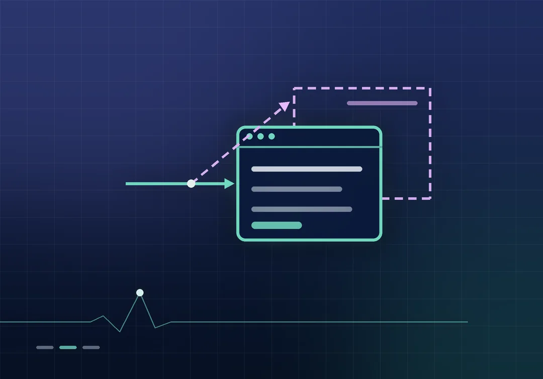 A mint browser window in front of a dashed lilac page, with an arrow forking towards both, on a dark navy ground.