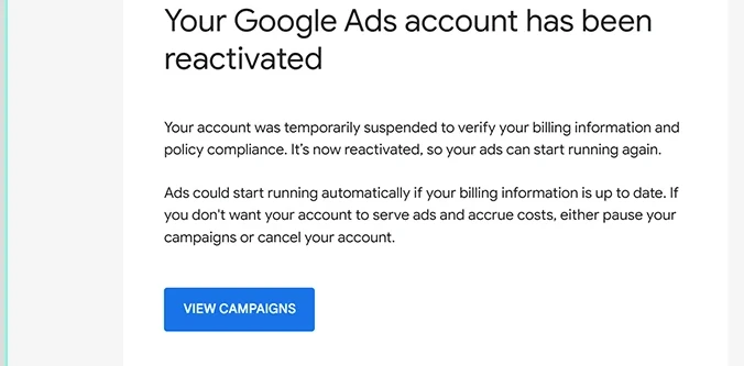 Google Ads notification that an account has been reactivated after billing information and policy compliance were verified