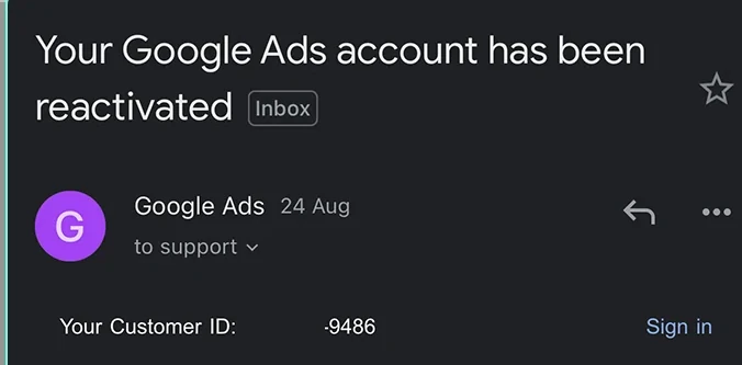 Google Ads notification on a phone that an advertising account has been reactivated