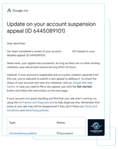 Google Ads email confirming a successful suspension appeal for the Circumventing Systems policy