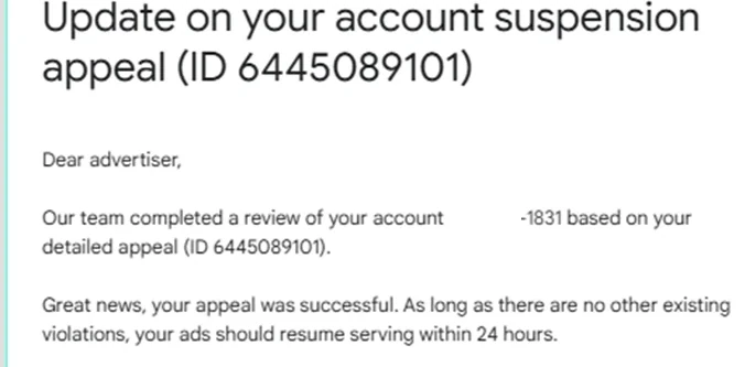 Google Ads email confirming a successful suspension appeal for the Circumventing Systems policy