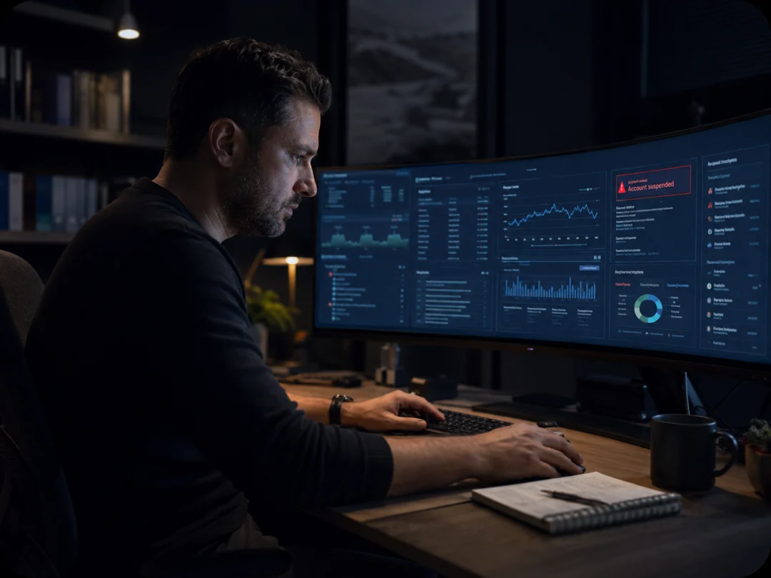 Paid media specialist reviewing a suspended advertising account on a dashboard