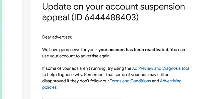 Google Ads email confirming an account reactivated after a Suspicious Payments suspension appeal, with final status shown
