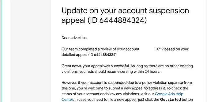 Google Ads email confirming a successful suspension appeal for the Suspicious Payments policy