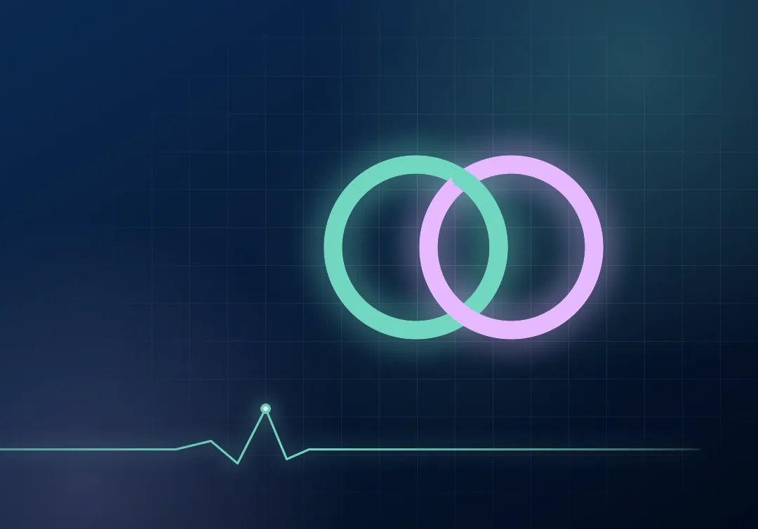Two interlocked rings, mint and lilac, on a dark navy ground, representing a Google Ads account linked to a Merchant Center account