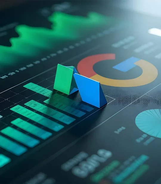 Merchant Center Misrepresentation: a Google G above green charts on a dark analytics board