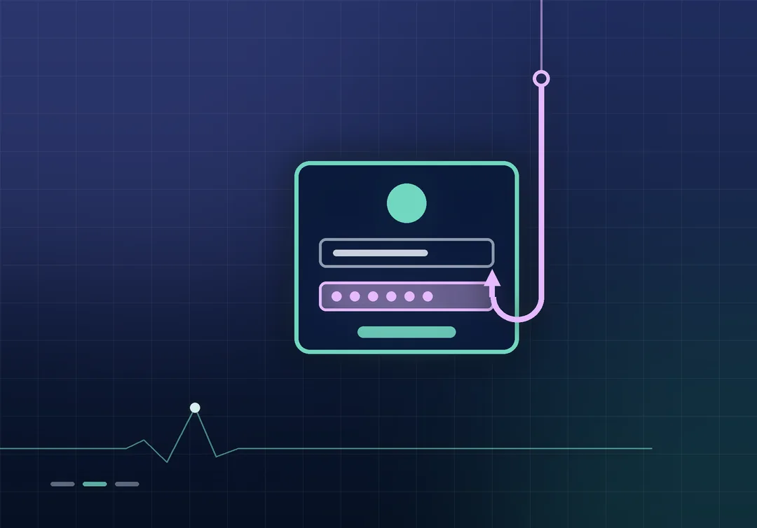 A login card outlined in mint with a name field and a lilac password field snagged by a lilac fishing hook hanging from above, on a dark navy ground.