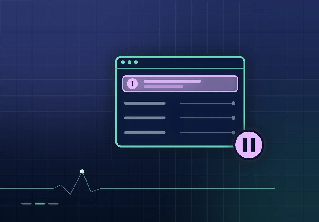 An account window outlined in mint with a lilac warning banner across the top and flat, greyed-out rows beneath, beside a lilac pause badge, on a dark navy ground.